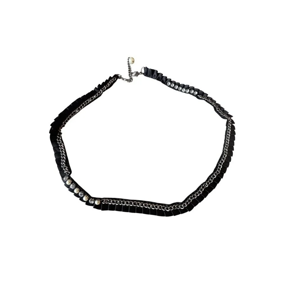 Y2k Vintage grossgrain ribbon belt black with pearl chain rhinestones